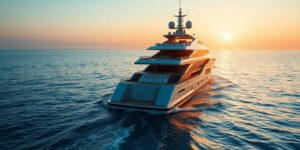 Luxury superyacht cruising turquoise waters at sunset