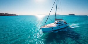 Luxury yacht sails calm turquoise waters under sunny skies.