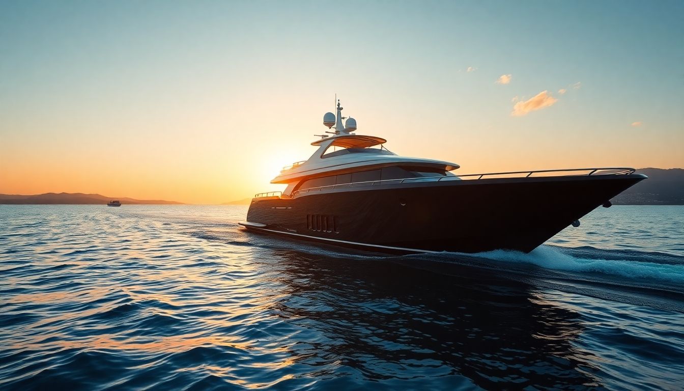 Luxury yacht cruising turquoise water at sunset.
