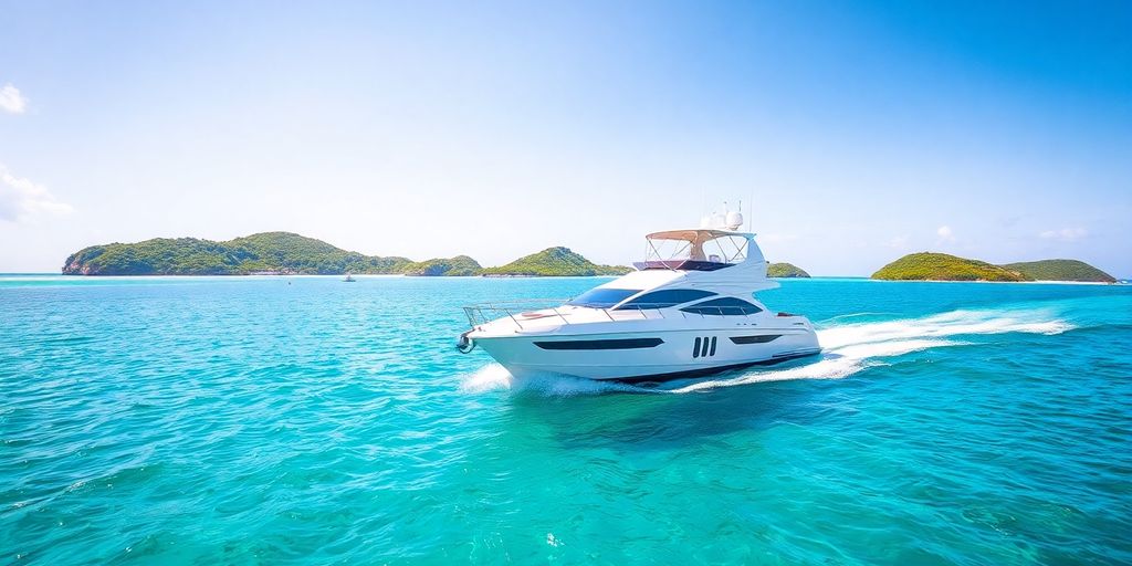 Luxury yacht cruising Caribbean turquoise waters.