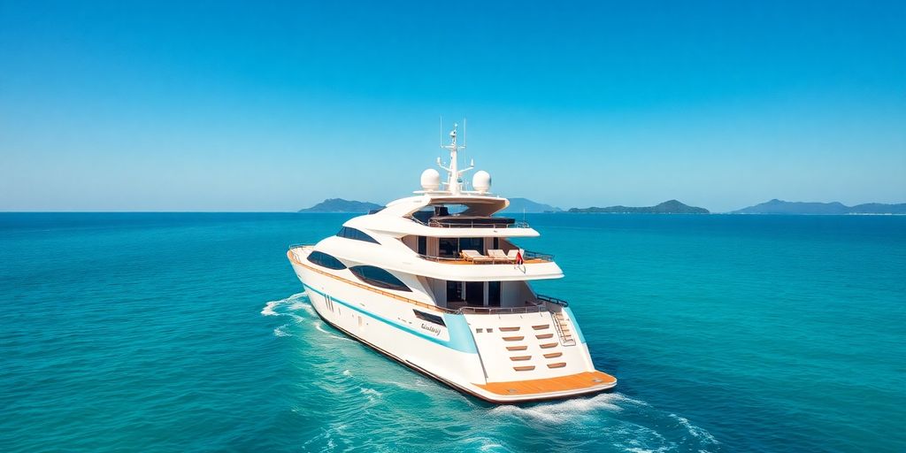 Luxury yacht cruising on clear blue ocean water.