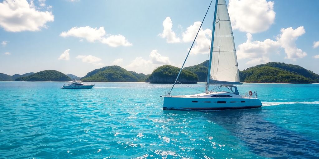 Sailboat on turquoise water near Belize island