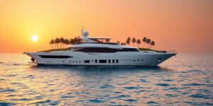 Luxury yacht cruising turquoise waters at sunset