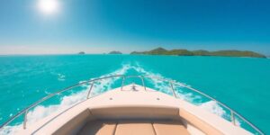 Luxury yacht in turquoise Bahamian waters, sunny sky