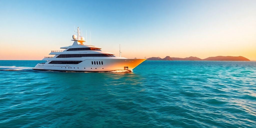 Mega yacht cruising turquoise waters at sunset
