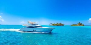 Luxury yacht in turquoise Caribbean waters, sunny.