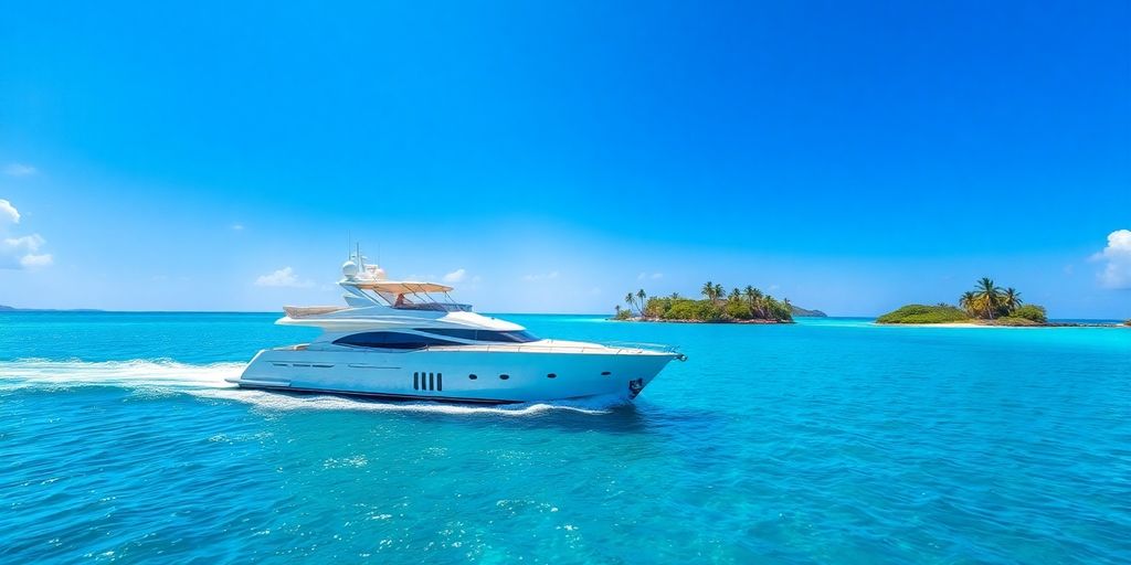 Luxury yacht in turquoise Caribbean waters, sunny.