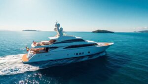 Mega yacht cruising clear blue waters.