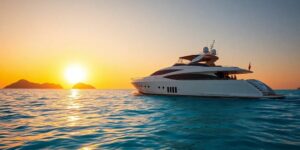Luxury yacht cruising turquoise waters at sunset