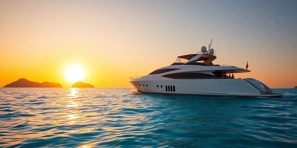 Luxury yacht cruising turquoise waters at sunset