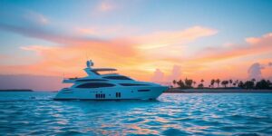Luxury yacht sails Caribbean sea at sunset.