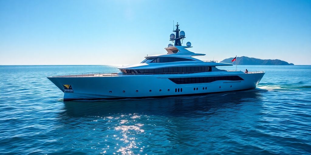 Sleek, modern superyacht cruising turquoise waters.