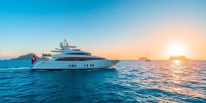 Luxury yacht sails Caribbean waters at sunset.