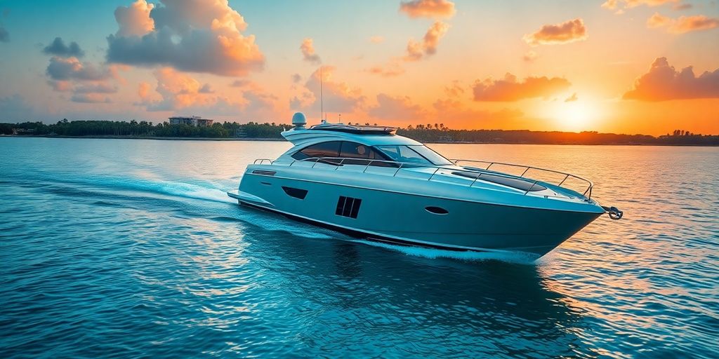 Luxury yacht cruising Miami waters at sunset.