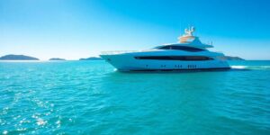 Luxury yacht cruising on clear blue water near islands.