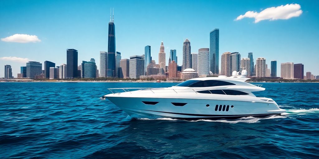 Yacht sailing on Lake Michigan, Chicago skyline