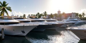 Yachts docked at a luxurious, historic Miami yacht club.