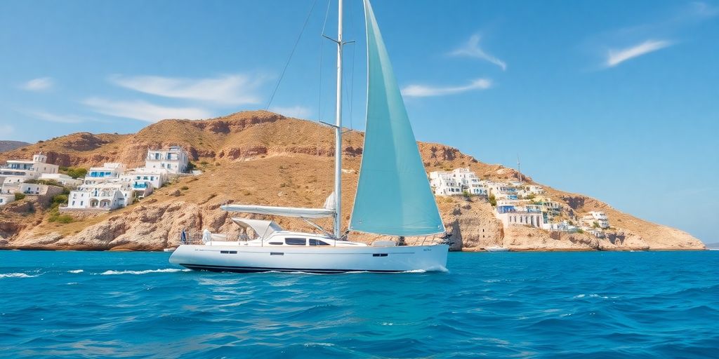 Sailboat glides turquoise Greek waters, white houses line cliffs.
