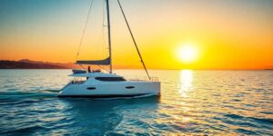 Catamaran sailing calm Southern California waters at sunset