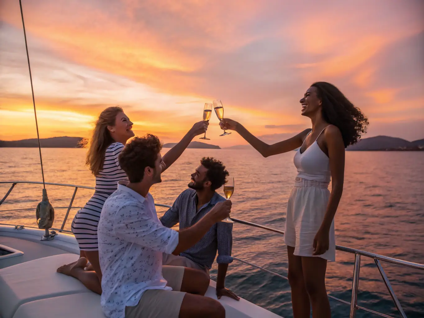 A group of friends is toasting with champagne glasses on the deck of a yacht, with a beautiful sunset in the background, symbolizing celebration and the importance of budgeting for onboard expenses.