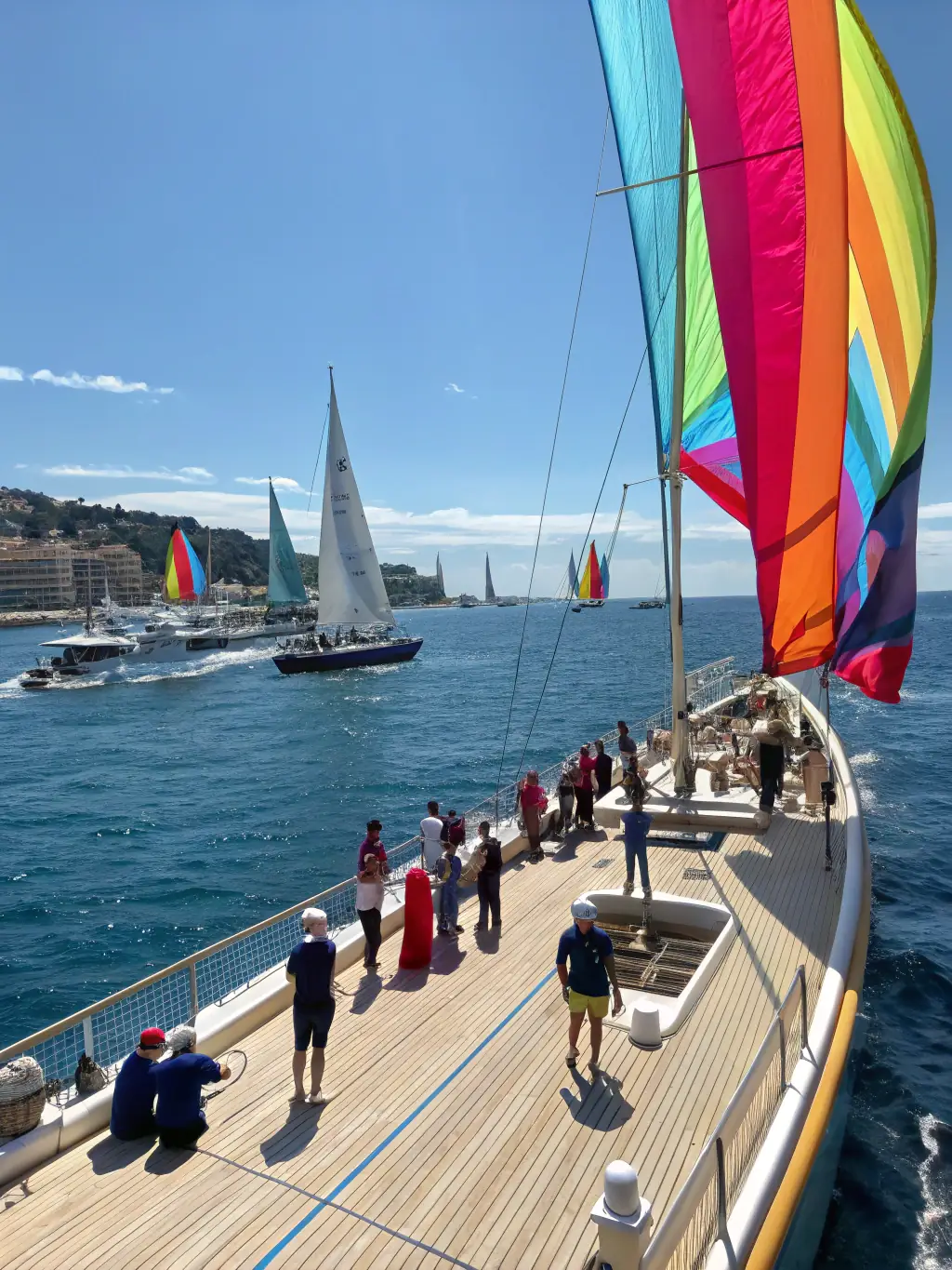 A vibrant photograph capturing a lively scene on the deck of a luxury yacht during a regatta in Monaco, showcasing the excitement, competition, and glamour of the event.
