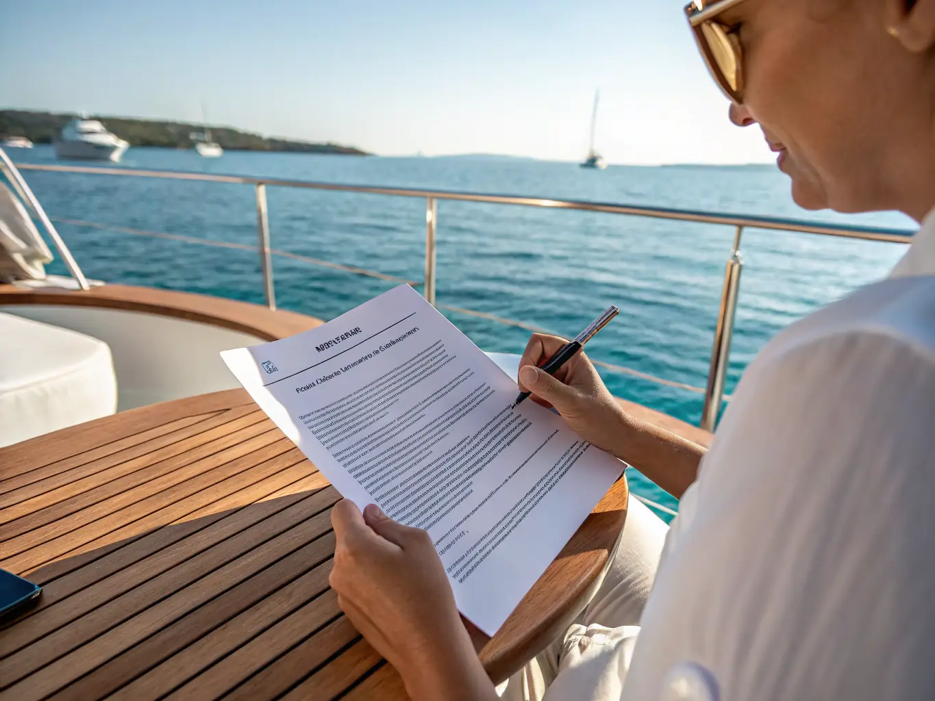 A person is carefully reviewing a yacht charter contract with a pen in hand, highlighting key clauses, emphasizing the importance of understanding the terms and conditions.