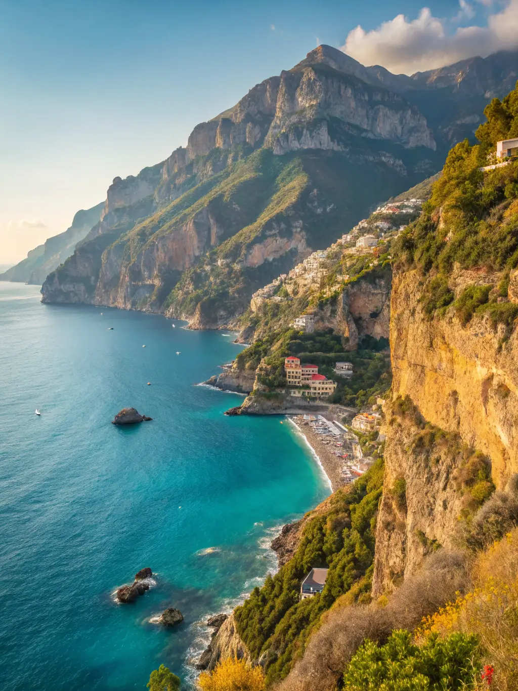 A high-definition photograph of a luxury yacht sailing through the crystal-clear waters of the Mediterranean Sea near the Amalfi Coast, Italy, with colorful coastal towns visible in the background.