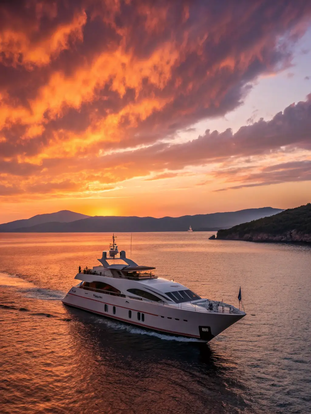 A high-definition photograph capturing the essence of a luxury yacht sailing through the crystal-clear waters of the Mediterranean Sea at sunset, emphasizing the golden light reflecting off the water and the yacht's sleek design.