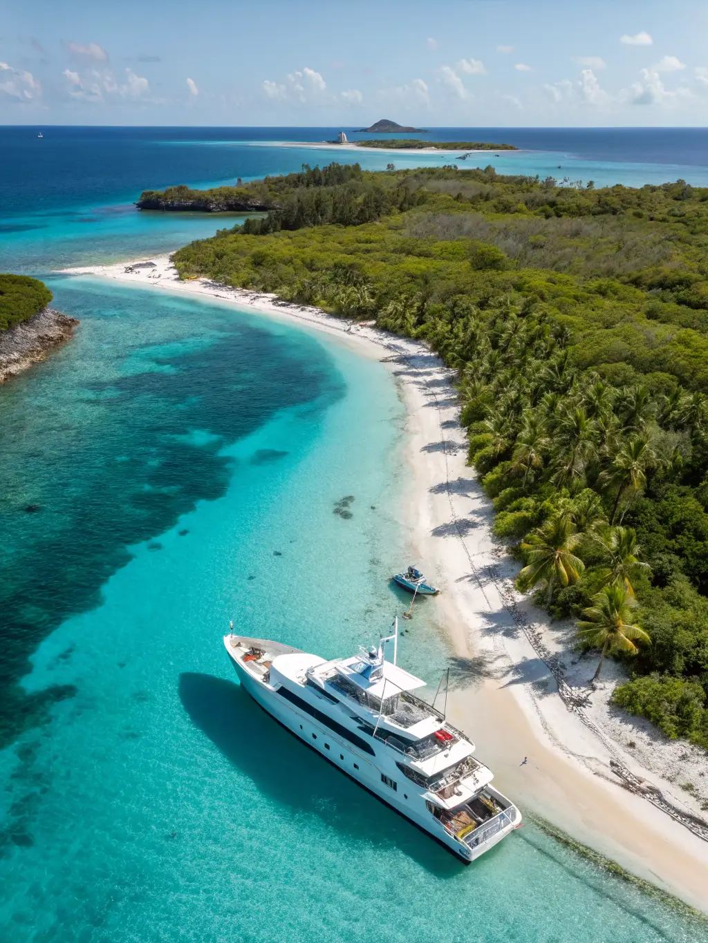 A stunning aerial view of a luxury yacht anchored in a secluded bay in the Bahamas, surrounded by turquoise waters and white sandy beaches.