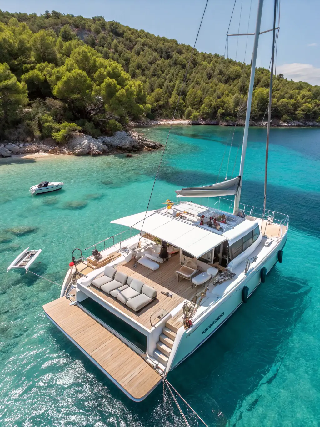 A stunning aerial shot of a luxury catamaran anchored in a secluded cove in the Caribbean, showcasing the turquoise waters, white sandy beach, and lush green vegetation surrounding the yacht.
