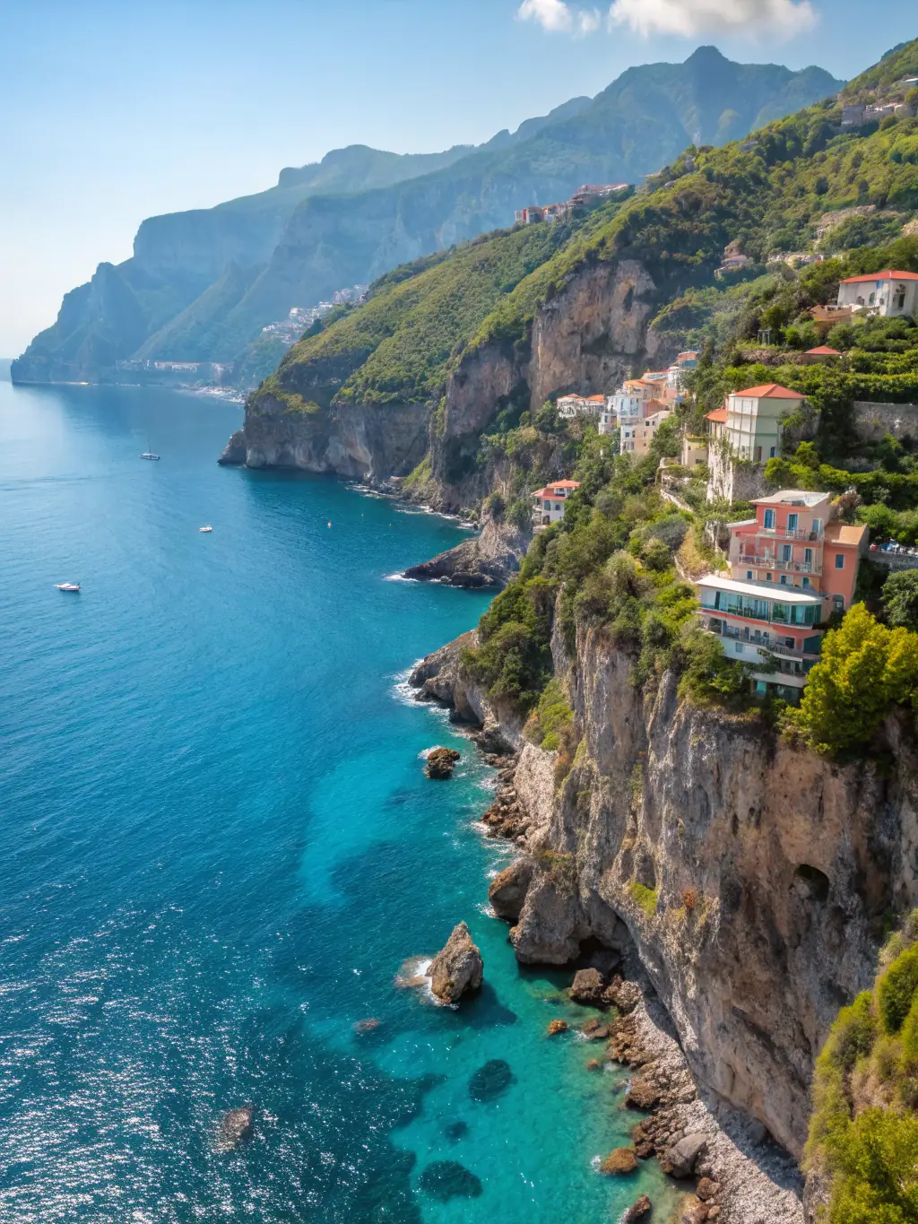 A stunning aerial view of the Amalfi Coast in Italy, showcasing colorful hillside villages, dramatic cliffs, and a sleek yacht cruising along the azure Mediterranean Sea.