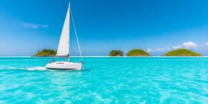 Sailboat on turquoise Caribbean water.