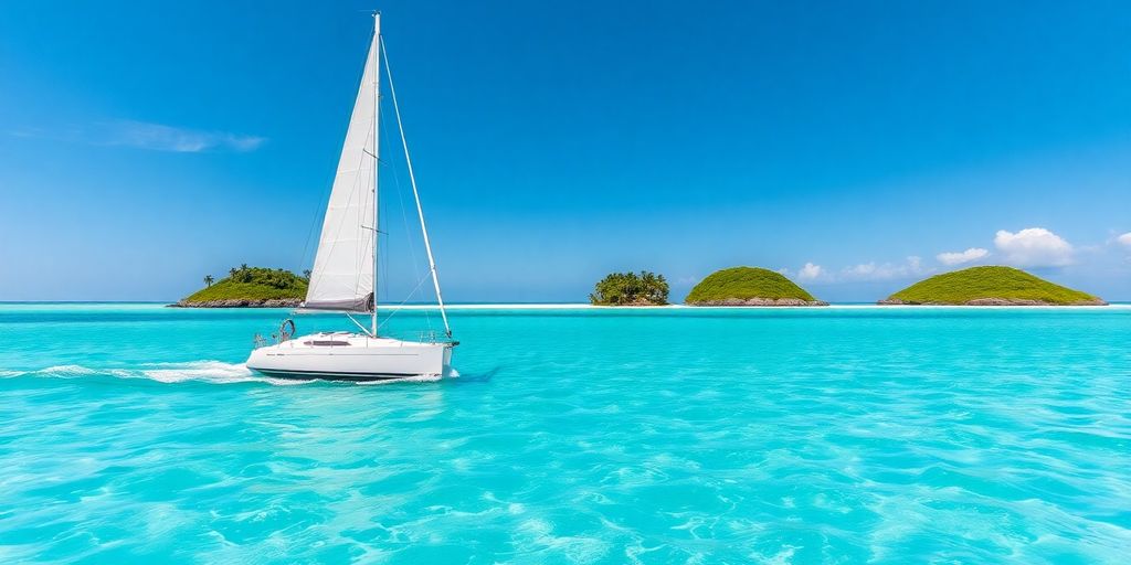 Sailboat on turquoise Caribbean water.