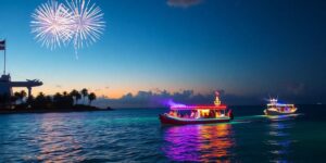 Festive boat parade, fireworks, palm trees, Caribbean sea.