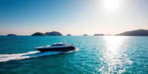 Boat cruising clear blue water