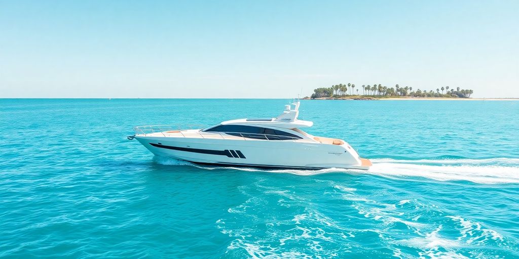 Luxury yacht cruising on clear ocean water.
