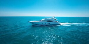 Sleek yacht sailing ocean blue water sunny day.