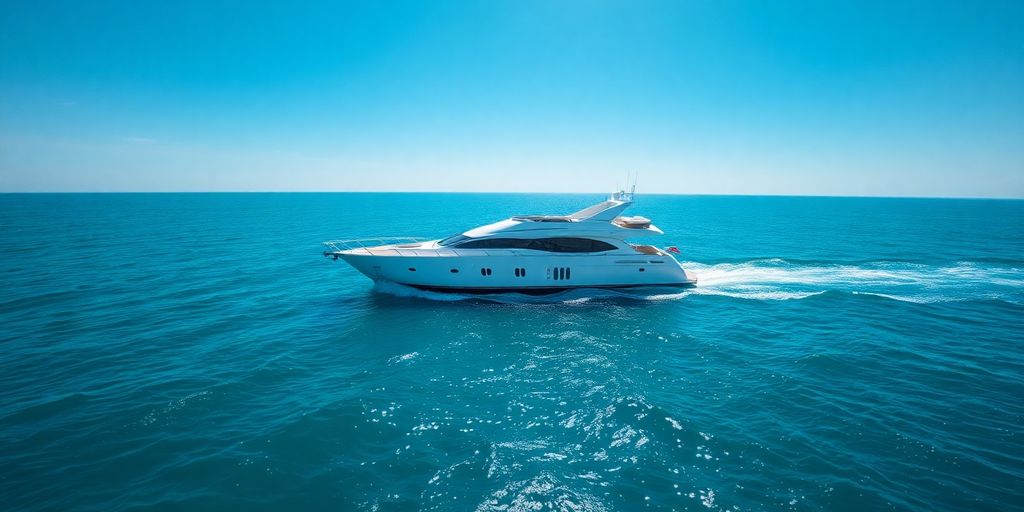 Sleek yacht sailing ocean blue water sunny day.
