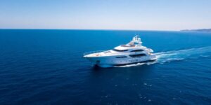 Luxury motor yacht Valor on calm blue water.
