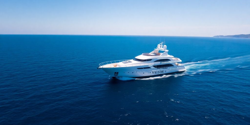 Luxury motor yacht Valor on calm blue water.