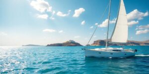 Sailboat navigating clear blue Aegean Sea waters.