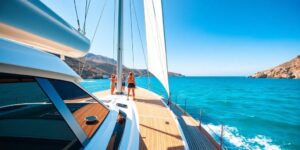 Yacht deck with white sails billowing over turquoise coastal waters.