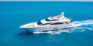 Luxury yacht sailing on sparkling blue water.