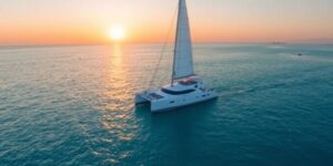 Catamaran sailing on calm, turquoise waters at sunset.
