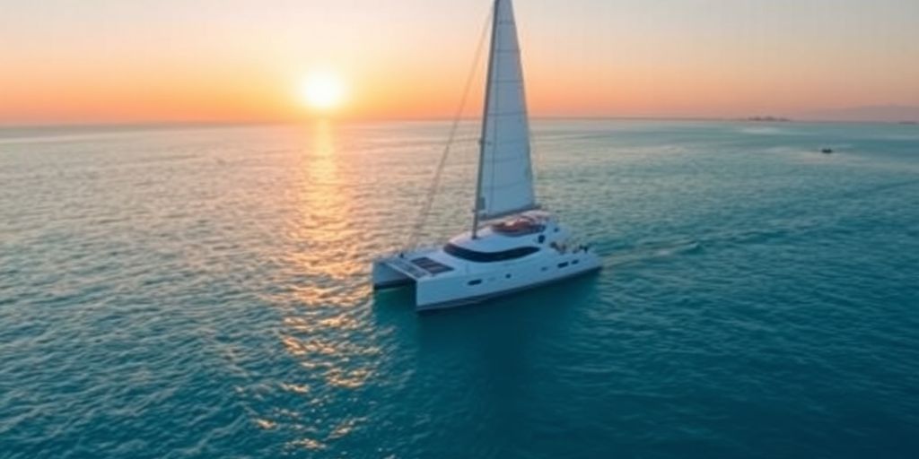 Catamaran sailing on calm, turquoise waters at sunset.