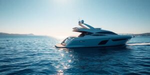 Sleek yacht sailing on calm, blue water.