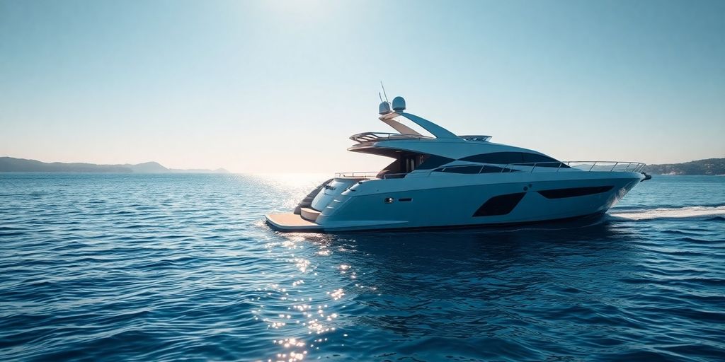 Sleek yacht sailing on calm, blue water.