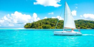 Sailboat on turquoise water near a tropical island.