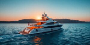Luxury yacht cruising turquoise waters, sunset, distant coastline