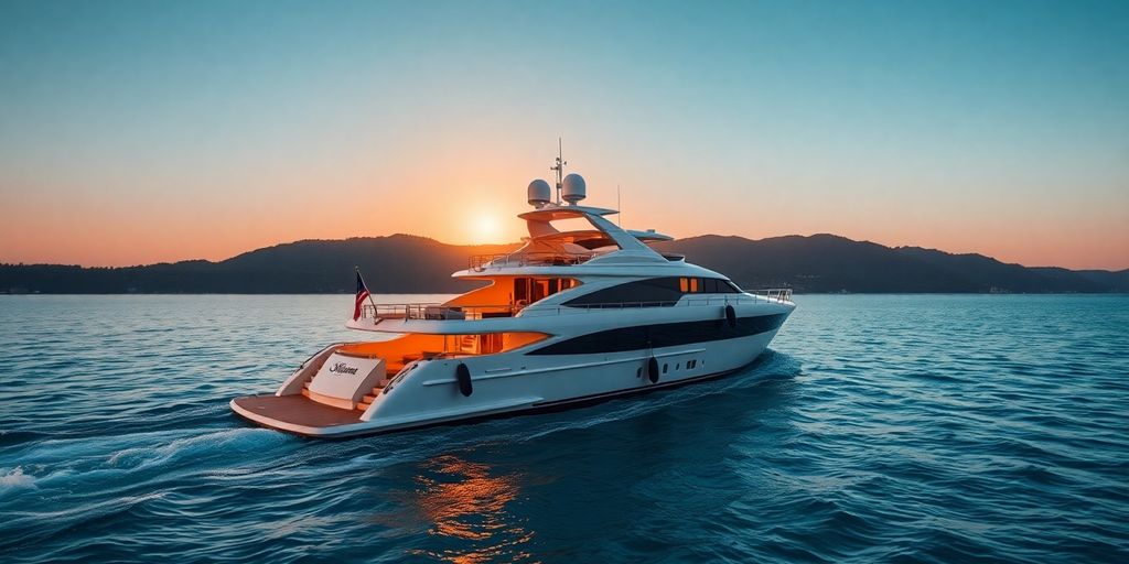Luxury yacht cruising turquoise waters, sunset, distant coastline